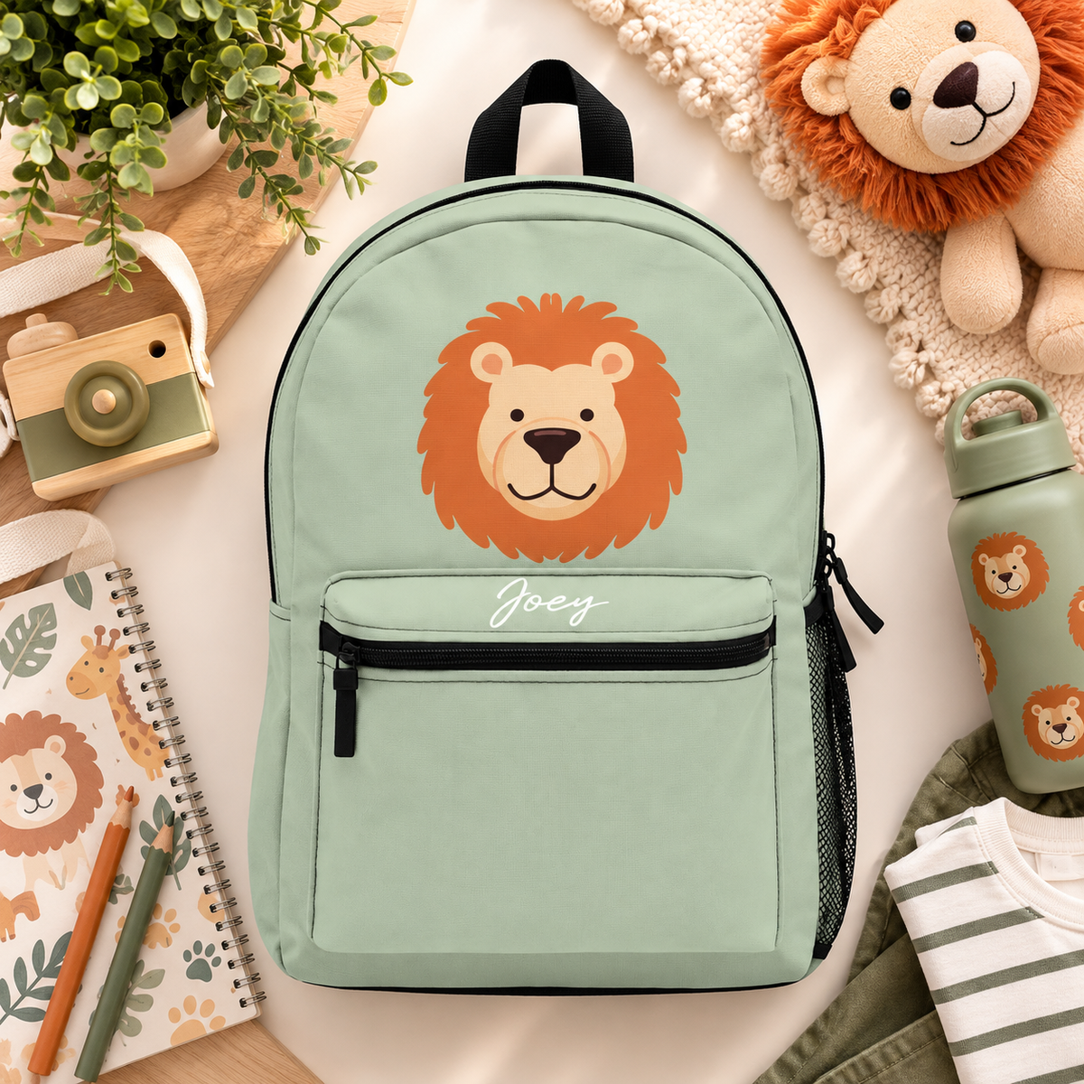 A kids backpack with a black top handle, front zip pocket and mesh side pocket, sage green with a large friendly lion face with an orange mane and the sample name "Joey" in white script on the pocket.