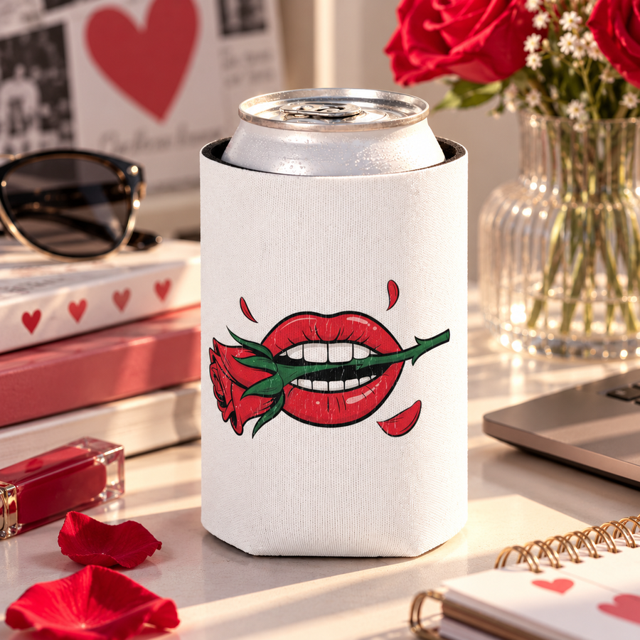 A white can cooler on a drink can, printed with distressed red lips with white teeth biting the green stem of a red rose, with falling red petals.