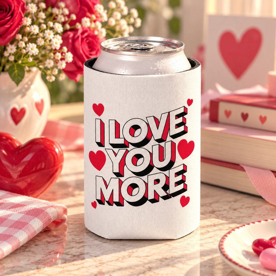 A white can cooler on a drink can, printed with "I LOVE YOU MORE" in bold white block lettering with red and black drop shadows, surrounded by red hearts.