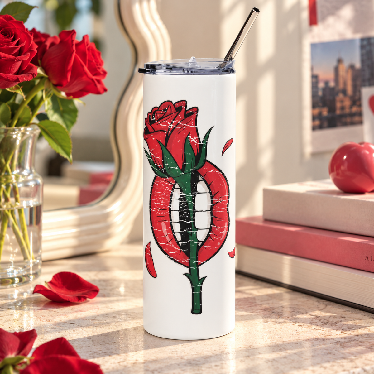 A white stainless steel skinny tumbler with a clear lid and metal straw, printed with distressed red lips with white teeth biting the green stem of a red rose, with falling red petals.