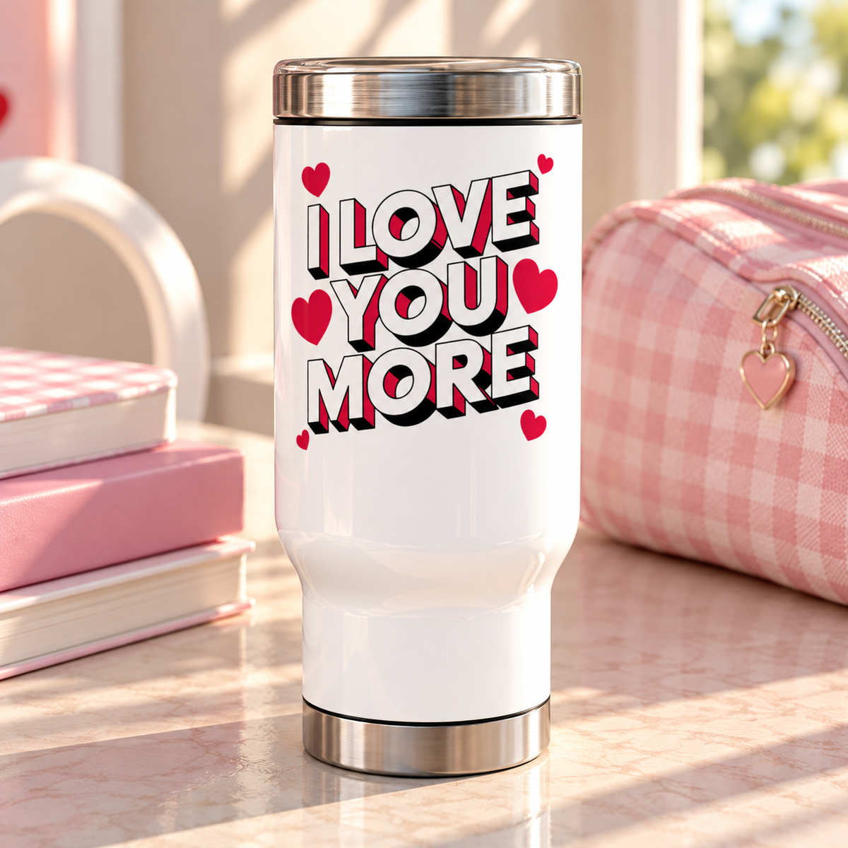 A white stainless steel travel mug with a silver lid and base, printed with "I LOVE YOU MORE" in bold white block lettering with red and black drop shadows, surrounded by red hearts.
