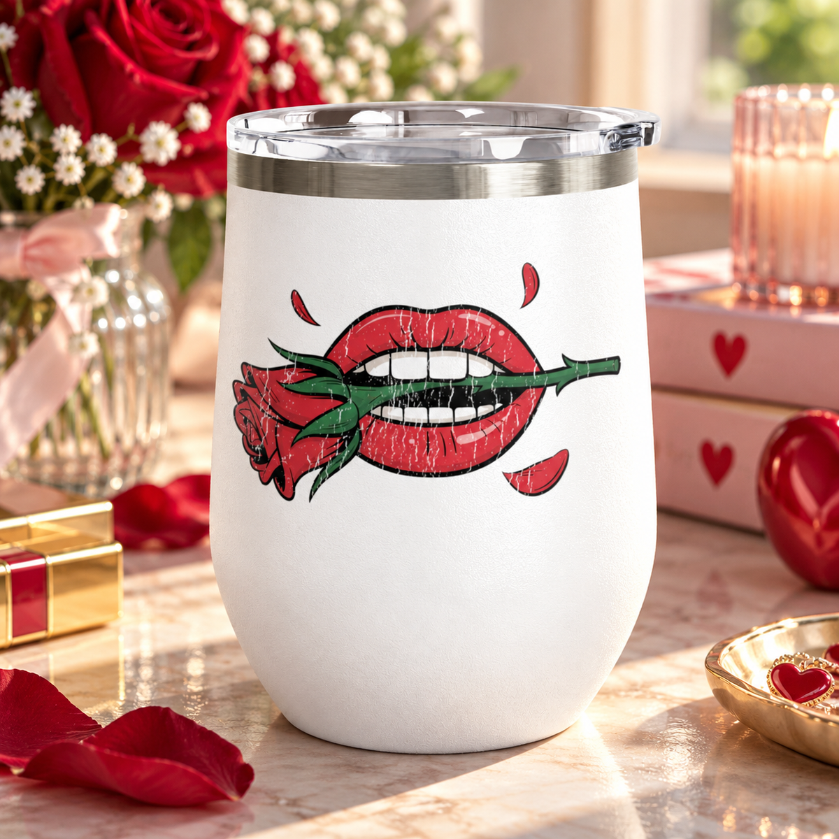 A white stainless steel stemless wine tumbler with a clear push-on lid, printed with distressed red lips with white teeth biting the green stem of a red rose, with falling red petals.