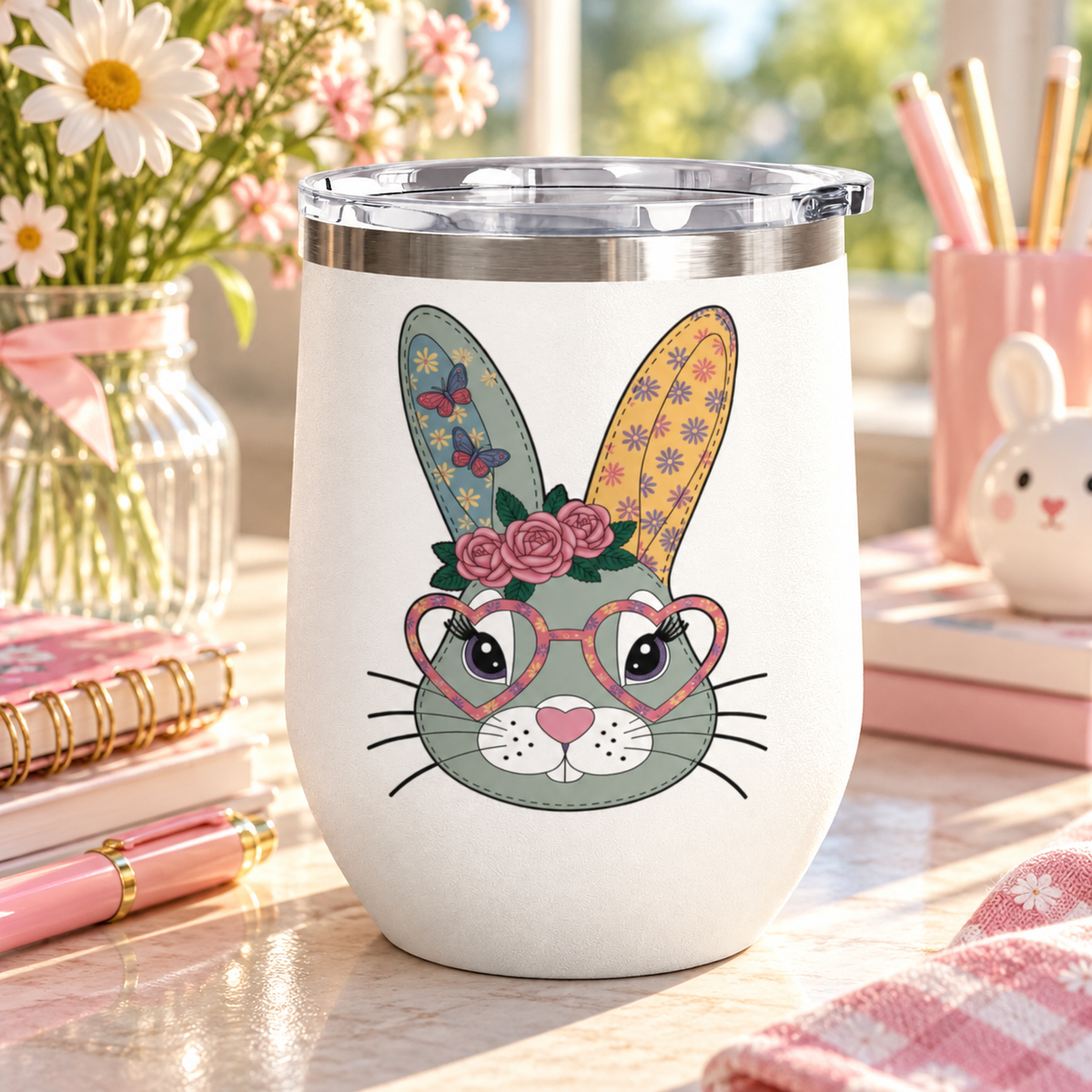 A white stainless steel stemless wine tumbler with a clear push-on lid, printed with a cute gray-green bunny face wearing pink heart-shaped glasses and a crown of pink roses, with butterfly and flower patterned ears.