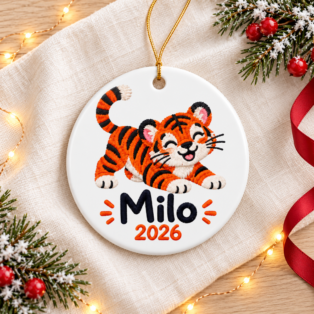 Personalized Tiger Christmas Ornament, Kids Name and Year Keepsake, Jungle Animal Gift for Boys and Girls, Cute Holiday Tree Decoration