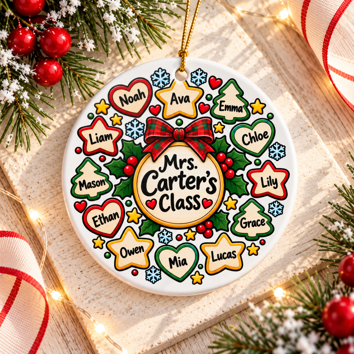 A round white ceramic Christmas ornament on a gold string, printed with a red plaid bow over a circle reading a sample "Mrs. Carter's Class", ringed by heart, star and tree-shaped tags with sample student names, holly, snowflakes and gold stars.
