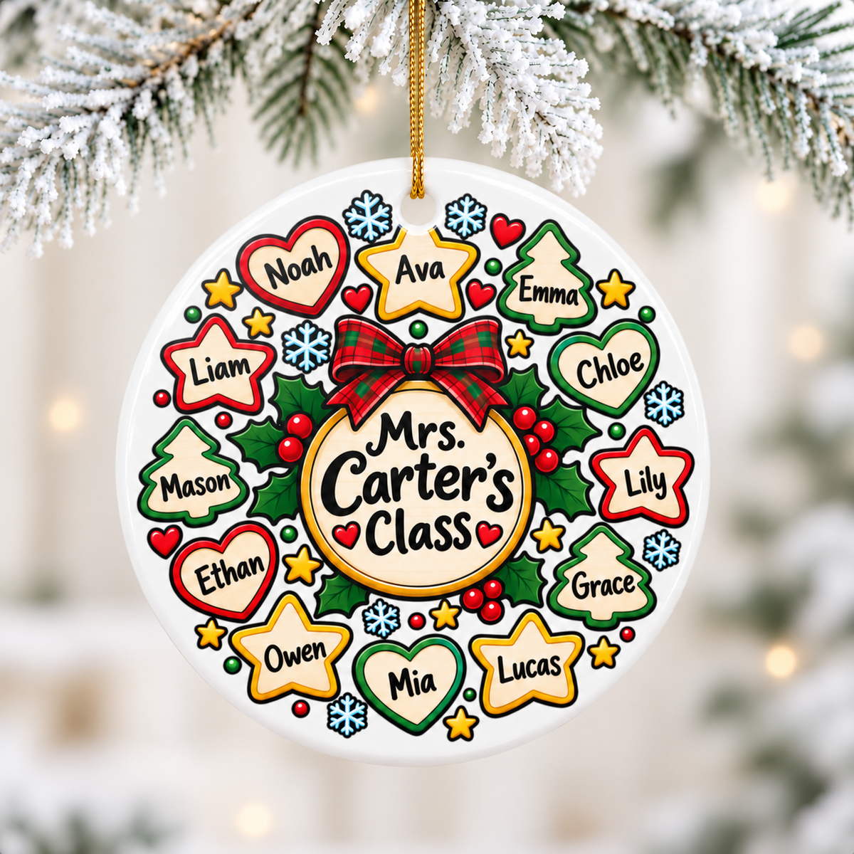 Personalized Teacher Christmas Ornament with Student Names, Festive Class Wreath Keepsake, Holiday Thank You Gift from Students to Teacher