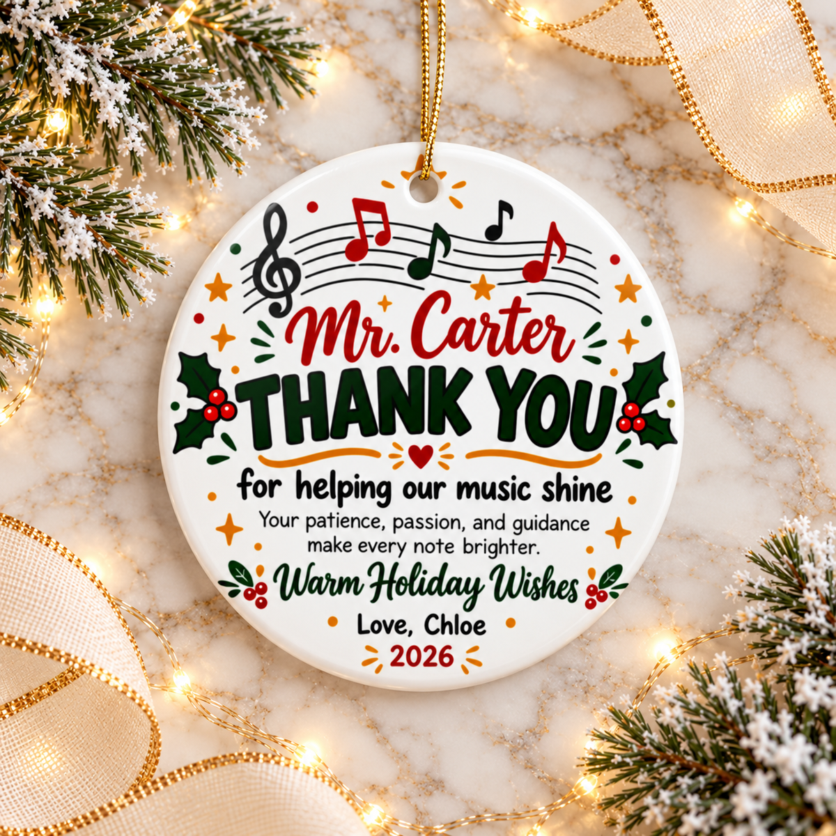 Personalized Music Teacher Christmas Ornament, Thank You Gift from Student, Musical Notes Holiday Keepsake with Teacher Name and Message