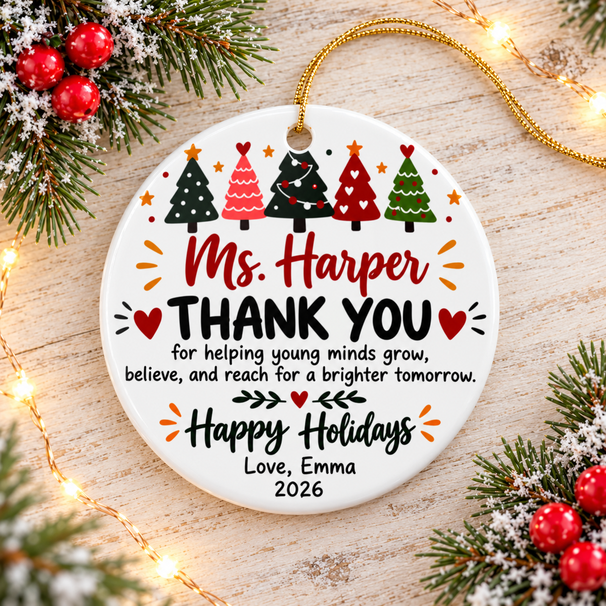 Personalized Teacher Thank You Christmas Ornament, Holiday Trees Design with Student Name, Appreciation Gift for Preschool or School Teacher