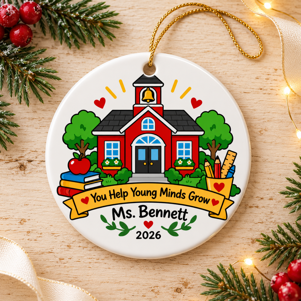 Personalized Teacher Schoolhouse Ornament, You Help Young Minds Grow, Christmas Appreciation Gift for Educators, Name and Year Keepsake