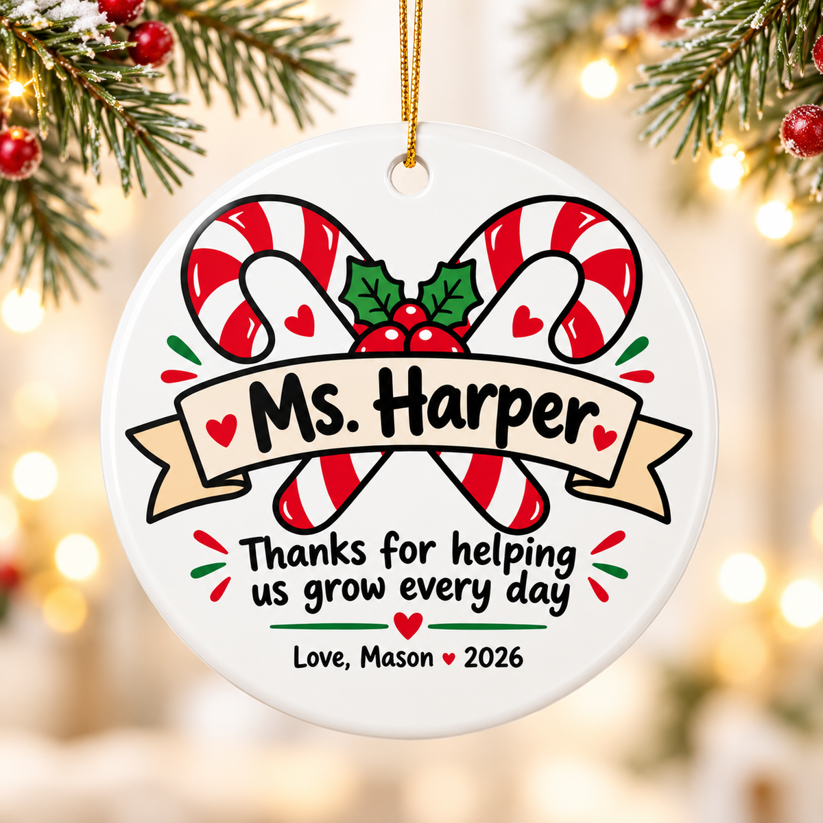 Personalized Teacher Candy Cane Christmas Ornament, Thank You for Helping Us Grow, Holiday Gift from Student, Name and Year Tree Keepsake