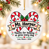 Personalized Teacher Candy Cane Christmas Ornament, Thank You for Helping Us Grow, Holiday Gift from Student, Name and Year Tree Keepsake
