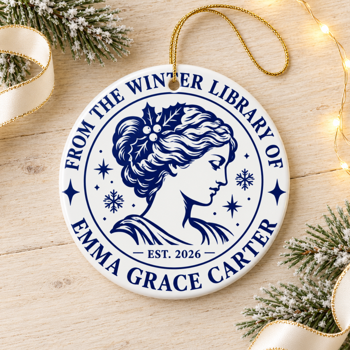 Personalized Book Lover Christmas Ornament, Winter Library Name Design, Reader Gift with Classic Portrait, Holiday Keepsake for Bookworms