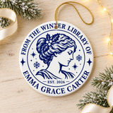 Personalized Book Lover Christmas Ornament, Winter Library Name Design, Reader Gift with Classic Portrait, Holiday Keepsake for Bookworms