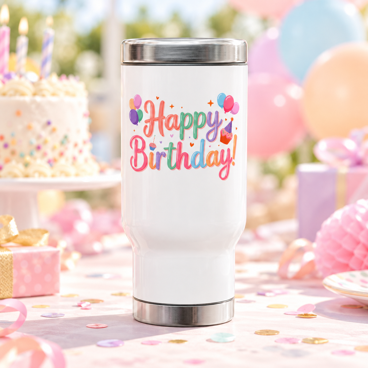 A white stainless steel travel mug with a silver lid and base, printed with "Happy Birthday!" in rainbow pastel lettering with bunches of balloons, a cupcake and small hearts.