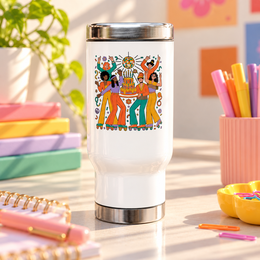 A white stainless steel travel mug with a silver lid and base, printed with a group of roller skaters in 70s flares dancing around a tiered birthday cake under a disco ball, in orange, teal, mustard and lavender.