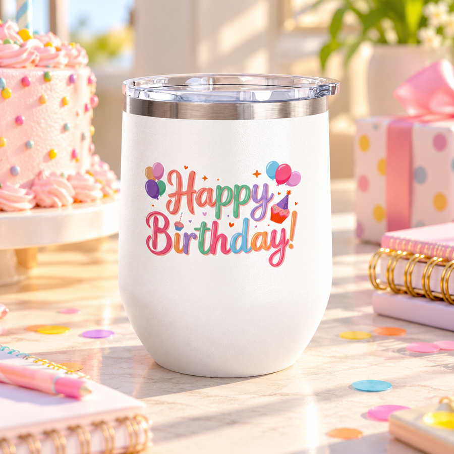 A white stainless steel stemless wine tumbler with a clear push-on lid, printed with "Happy Birthday!" in rainbow pastel lettering with bunches of balloons, a cupcake and small hearts.