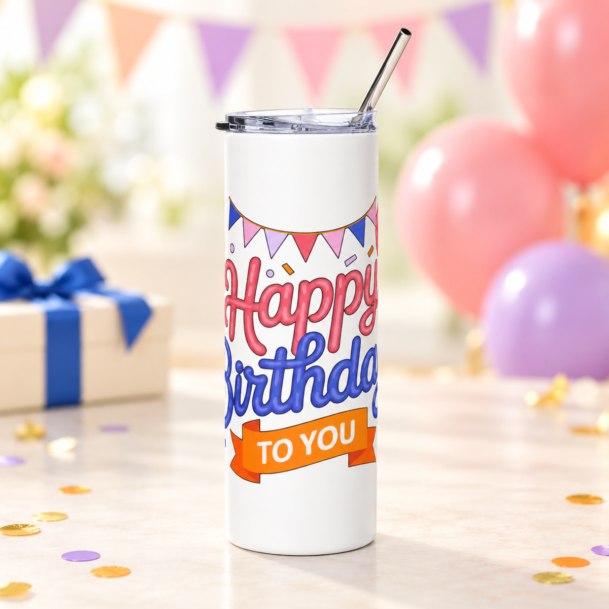 A white stainless steel skinny tumbler with a clear lid and metal straw, printed with "Happy Birthday" in pink and blue script under party bunting, with balloons, party hats and an orange "TO YOU" banner.