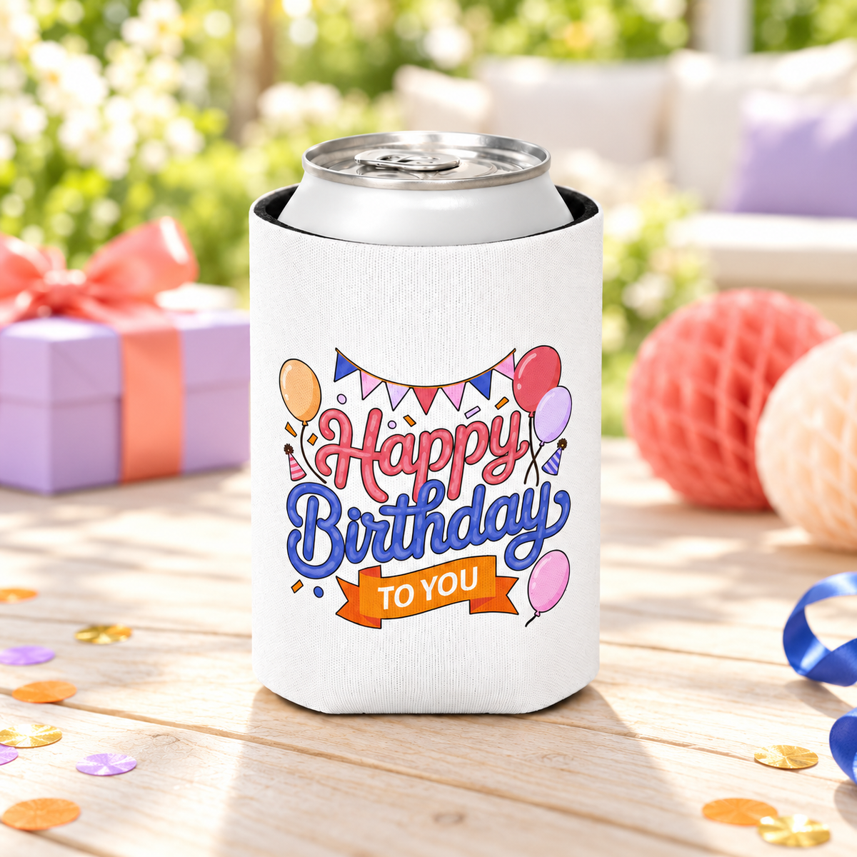 A white can cooler on a drink can, printed with "Happy Birthday" in pink and blue script under party bunting, with balloons, party hats and an orange "TO YOU" banner.