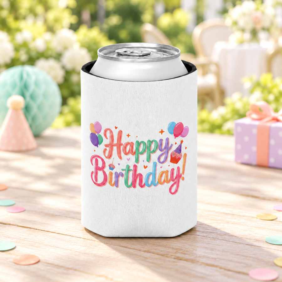 A white can cooler on a drink can, printed with "Happy Birthday!" in rainbow pastel lettering with bunches of balloons, a cupcake and small hearts.