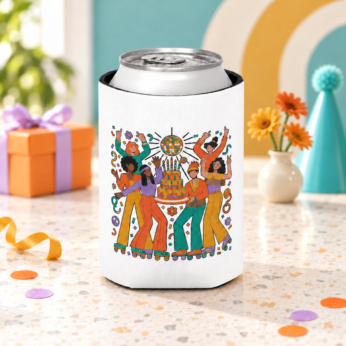 A white can cooler on a drink can, printed with a group of roller skaters in 70s flares dancing around a tiered birthday cake under a disco ball, in orange, teal, mustard and lavender.