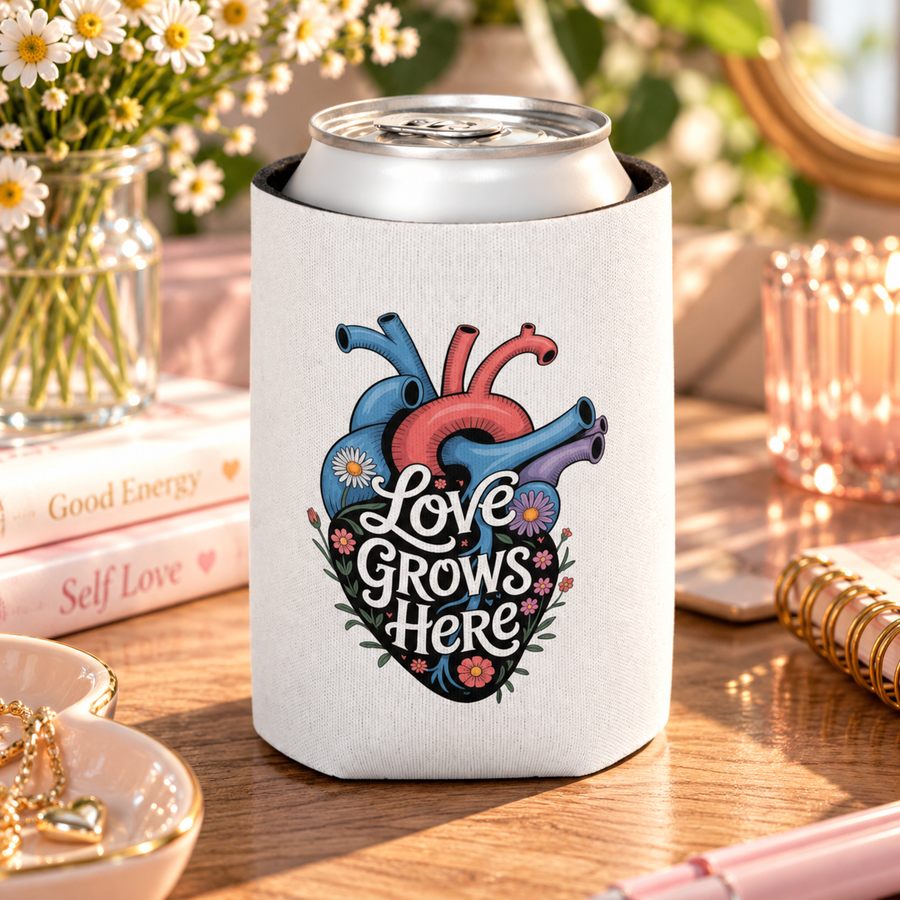 A white can cooler on a drink can, printed with "Love Grows Here" in white script on an anatomical heart in blue, red and purple, covered in daisies and small flowers.