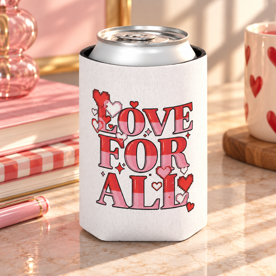A white can cooler on a drink can, printed with "LOVE FOR ALL" in striped red and pink block lettering with pixel-style hearts and sparkles.