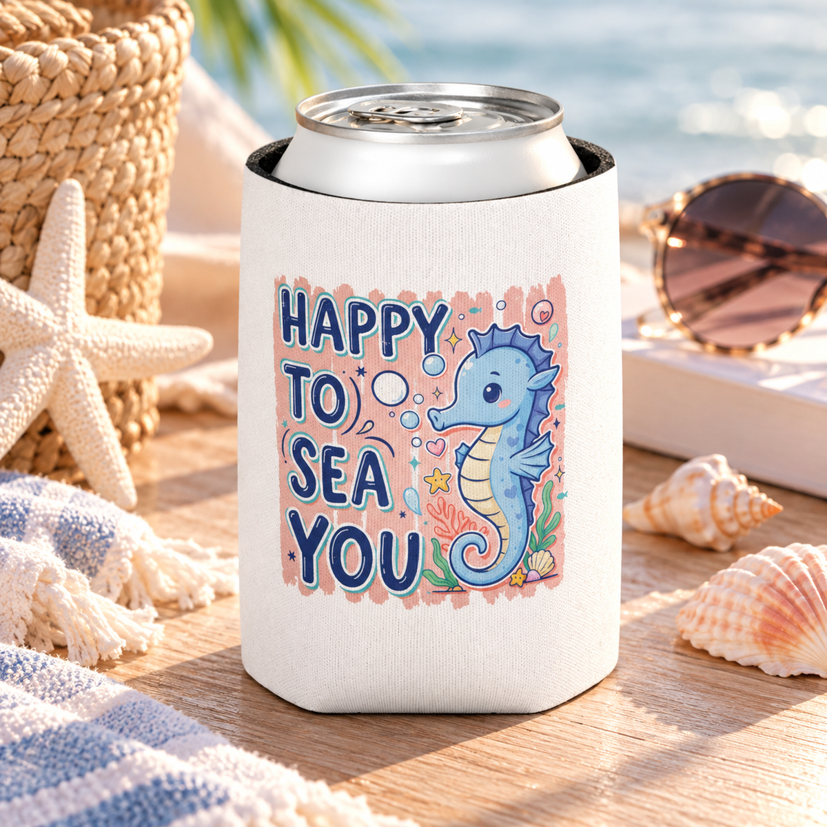 A white can cooler on a drink can, printed with "HAPPY TO SEA YOU" in navy lettering beside a smiling blue seahorse with bubbles, coral and a shell on a peach background.