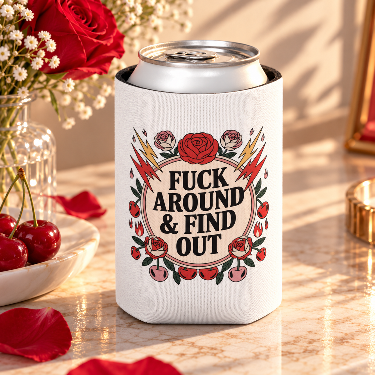 A white can cooler on a drink can, printed with a cheeky adult slogan ending "& FIND OUT" in bold black lettering on a cream circle, ringed by red roses, lightning bolts, flames and cherries.