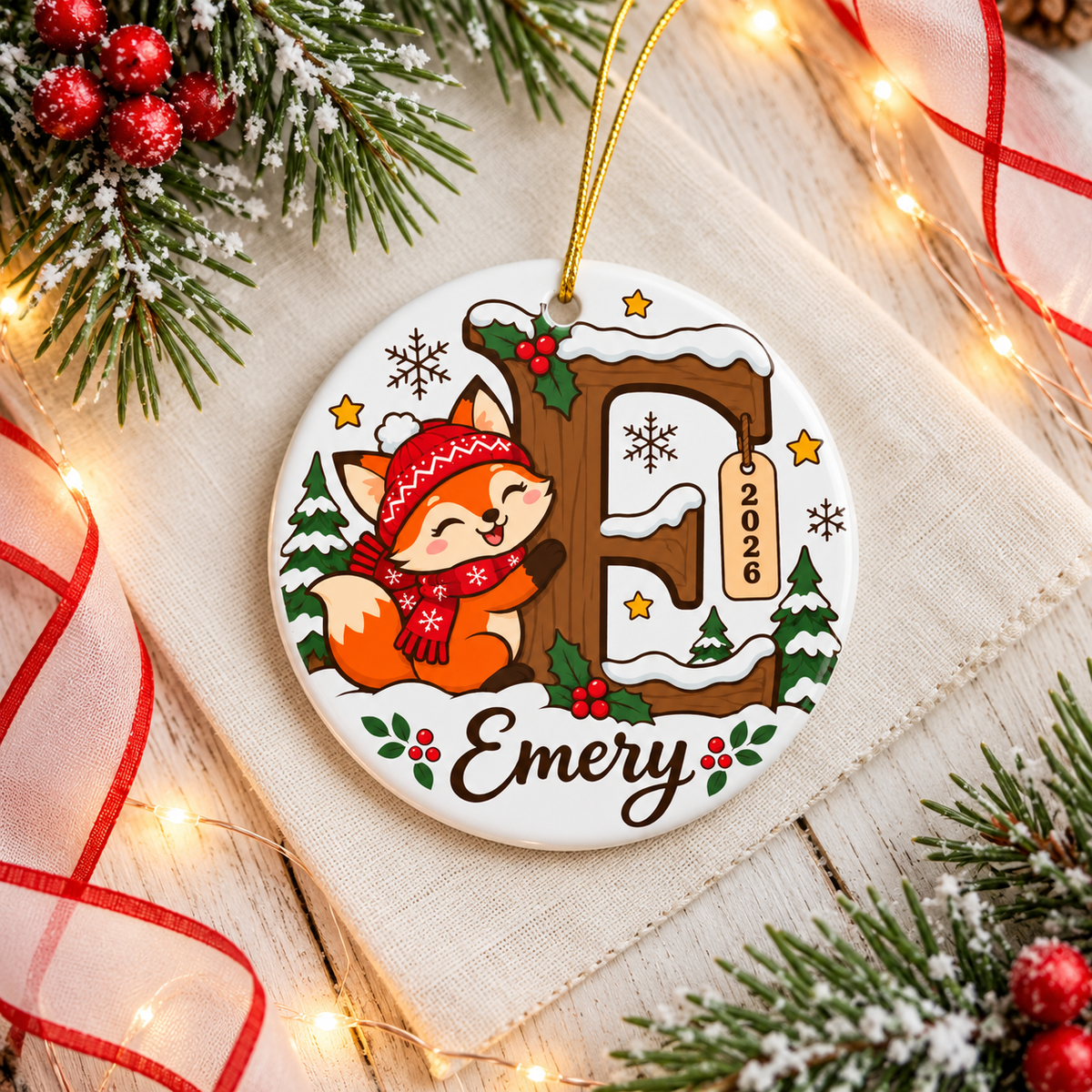 Personalized Fox Initial Christmas Ornament, Woodland Animal Design with Child's Name and Year, Holiday Keepsake Gift for Boys and Girls