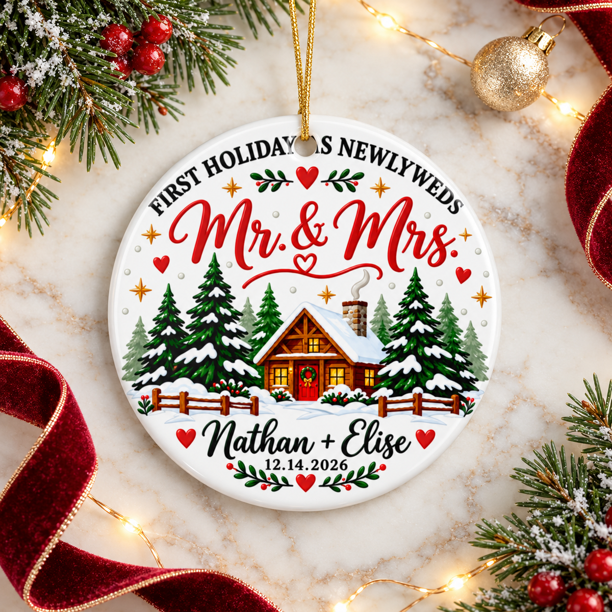 A round white ceramic Christmas ornament on a gold string, printed with "FIRST HOLIDAY AS NEWLYWEDS" arched over "Mr. & Mrs." in red script, a snowy log cabin among pine trees with a fence, sample couple names and a sample wedding date.