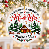 Personalized Newlywed Christmas Ornament, Mr and Mrs Cabin with Names and Wedding Date, First Holiday Keepsake Gift for Married Couples