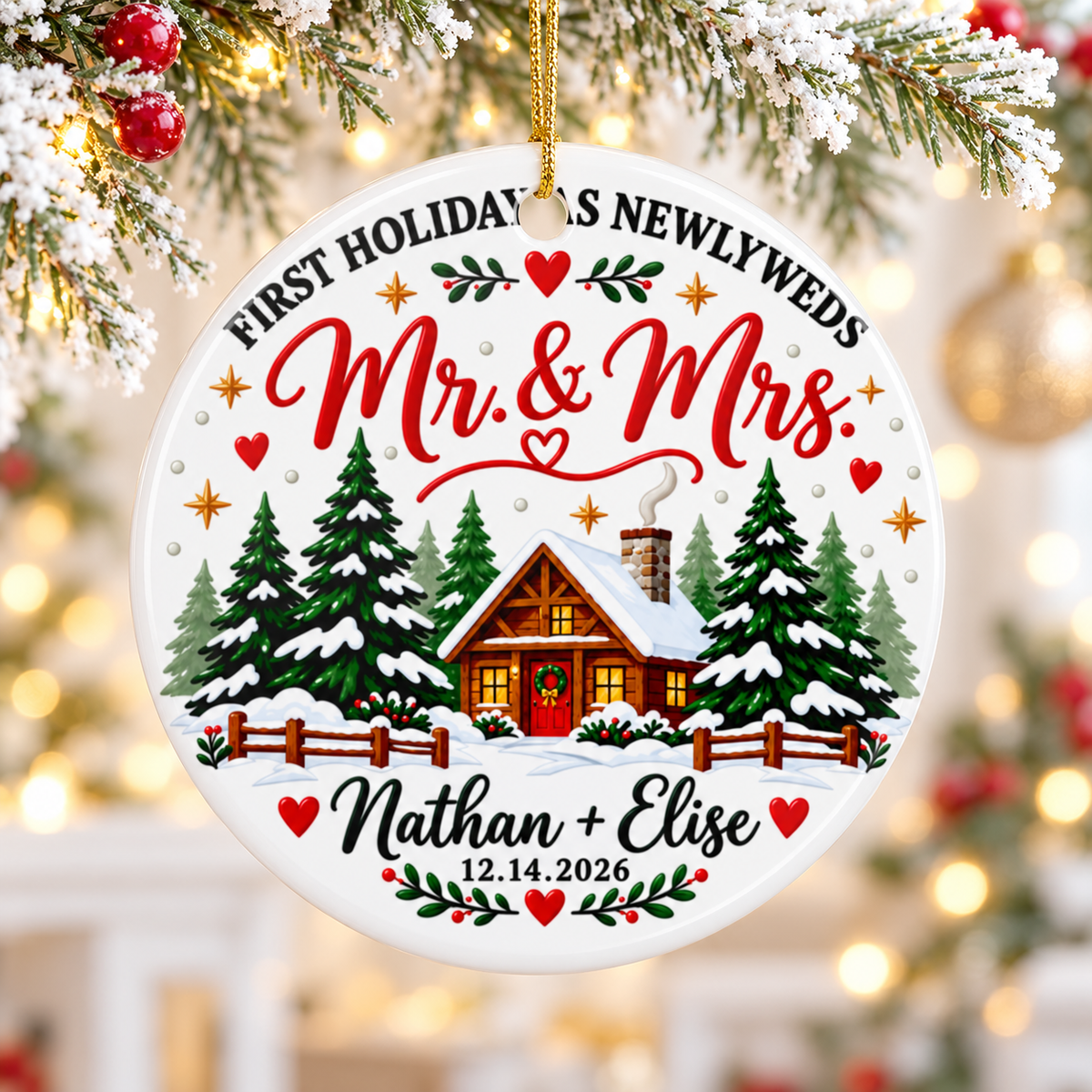 Personalized Newlywed Christmas Ornament, Mr and Mrs Cabin with Names and Wedding Date, First Holiday Keepsake Gift for Married Couples