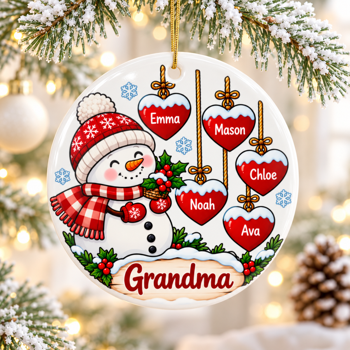 A round white ceramic Christmas ornament on a gold string, printed with a smiling snowman in a red knit hat and plaid scarf beside five hanging red hearts with sample grandchild names, above a wooden sign reading "Grandma".