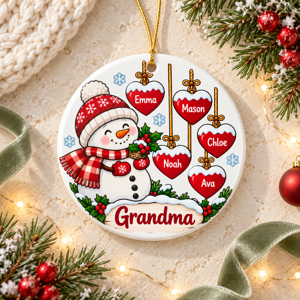 Personalized Grandma Christmas Ornament, Snowman with Grandkids Names on Red Hearts, Custom Family Keepsake Gift from Grandchildren for Nana