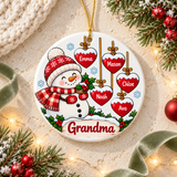 Personalized Grandma Christmas Ornament, Snowman with Grandkids Names on Red Hearts, Custom Family Keepsake Gift from Grandchildren for Nana
