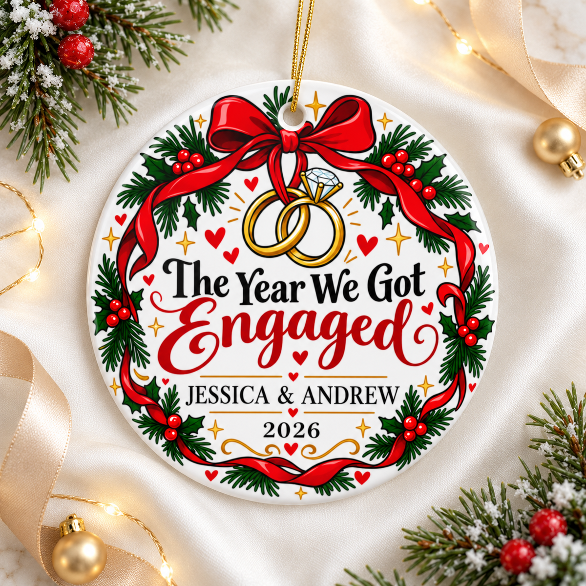 A round white ceramic Christmas ornament on a gold string, printed with two linked gold rings, one with a diamond, hanging from a red bow on a holly wreath, around "The Year We Got Engaged" in black and red lettering, sample couple names and "2026".