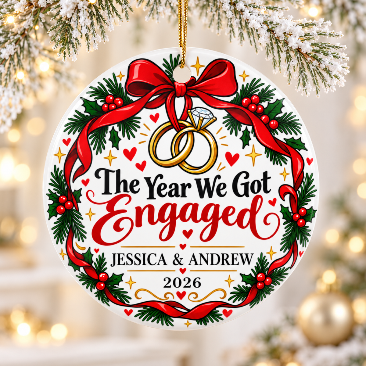 Personalized Engagement Christmas Ornament, The Year We Got Engaged with Names and Year, Red Bow Wreath Keepsake Gift for Engaged Couples