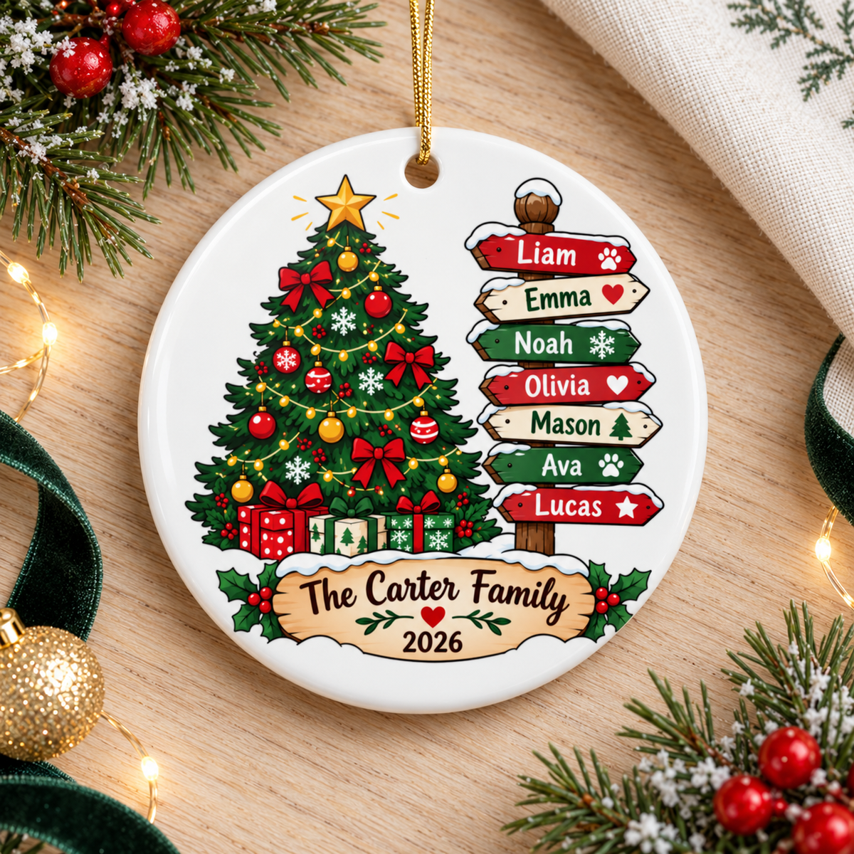 Personalized Family Christmas Ornament, Custom Names on Festive Signpost with Christmas Tree and Year, Holiday Keepsake Gift for Parents