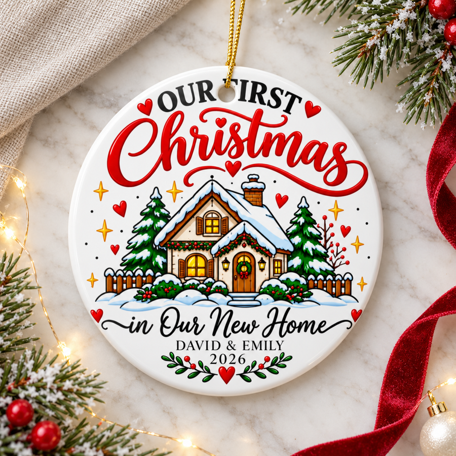 A round white ceramic Christmas ornament on a gold string, printed with "OUR FIRST Christmas" in black and red lettering over a snowy cottage with glowing windows, a wreath on the door, pine trees and a fence, then "in Our New Home", sample couple names and "2026".
