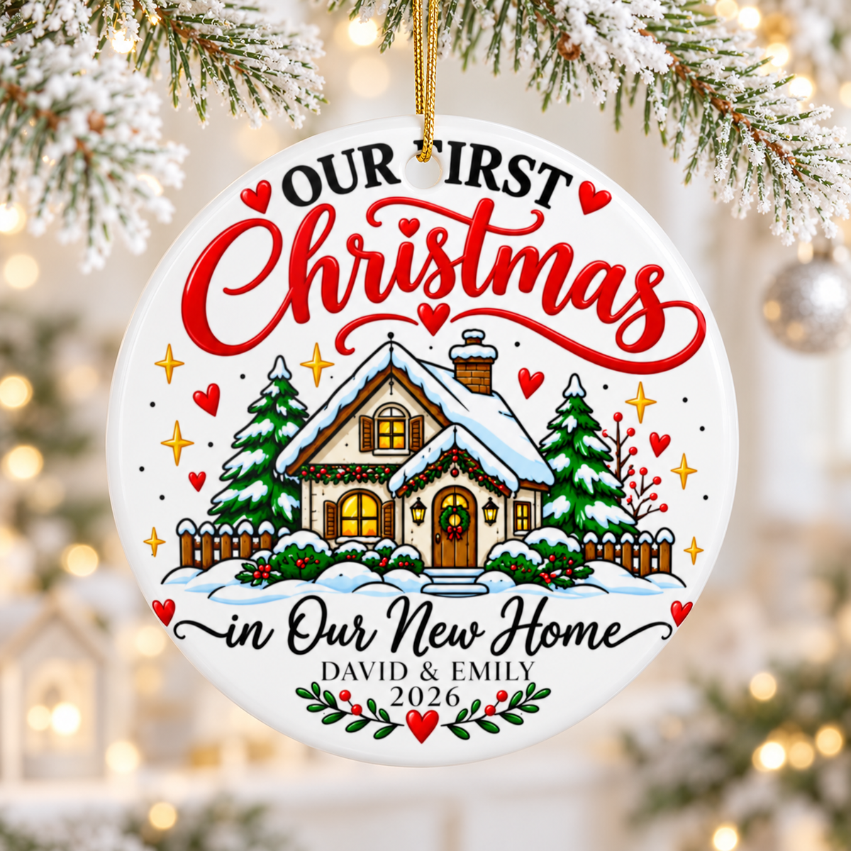 Personalized New Home Christmas Ornament, Our First Christmas Cottage with Names and Year, Housewarming Keepsake Gift for New Homeowners