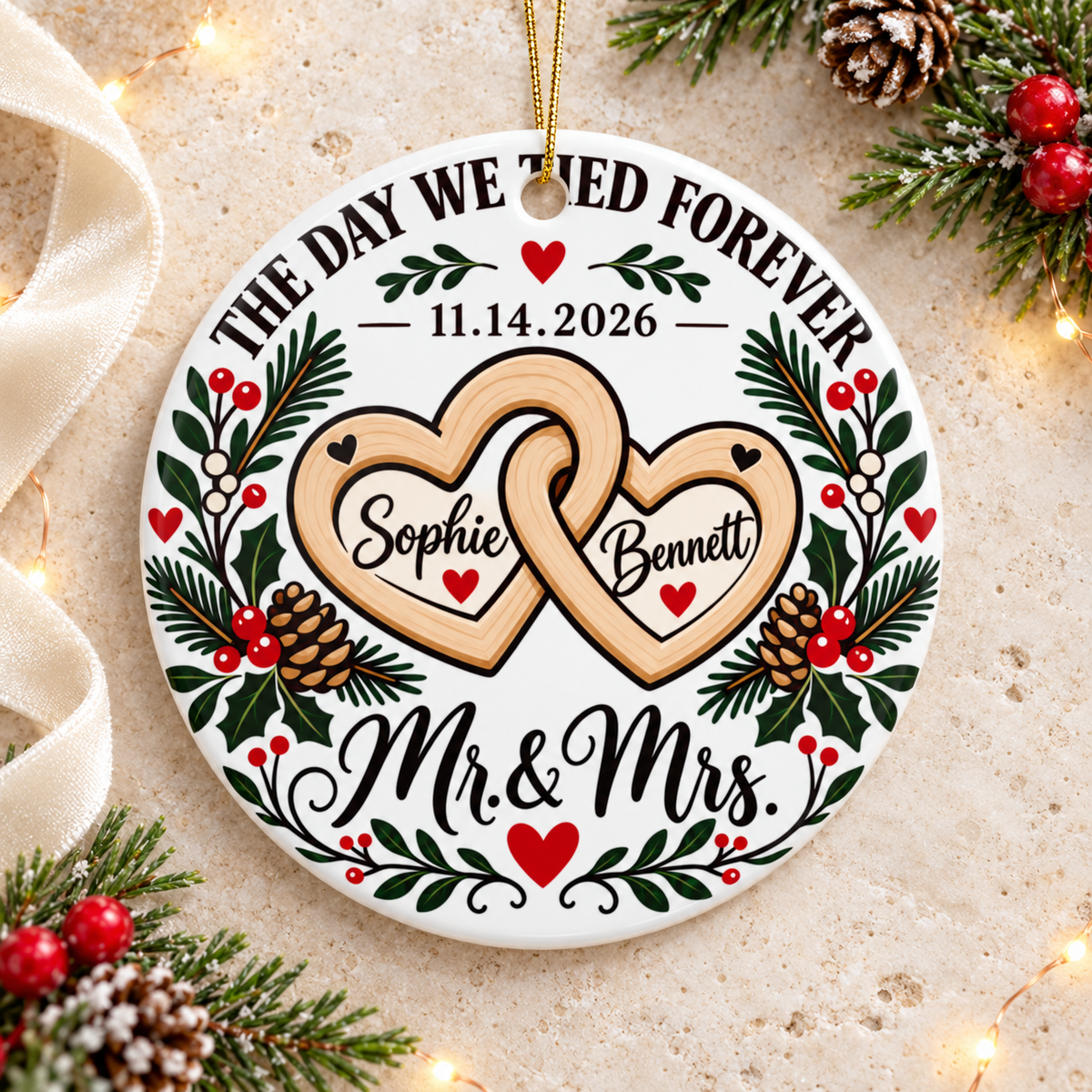 Personalized Wedding Christmas Ornament, Heart Design with Couple Names and Wedding Date, Mr and Mrs Holiday Keepsake Gift for Newlyweds