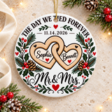Personalized Wedding Christmas Ornament, Heart Design with Couple Names and Wedding Date, Mr and Mrs Holiday Keepsake Gift for Newlyweds