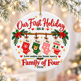 Personalized Family of Four Christmas Ornament, Our First Holiday with Custom Names on Stockings, Keepsake Gift for Parents and New Families