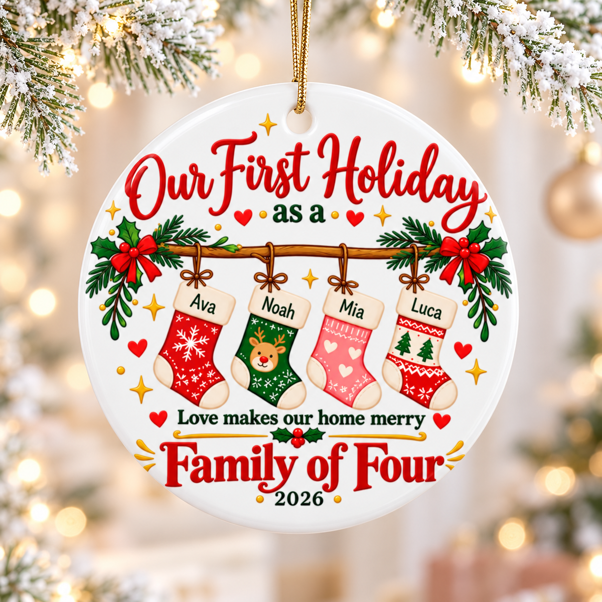Personalized Family of Four Christmas Ornament, Our First Holiday with Custom Names on Stockings, Keepsake Gift for Parents and New Families
