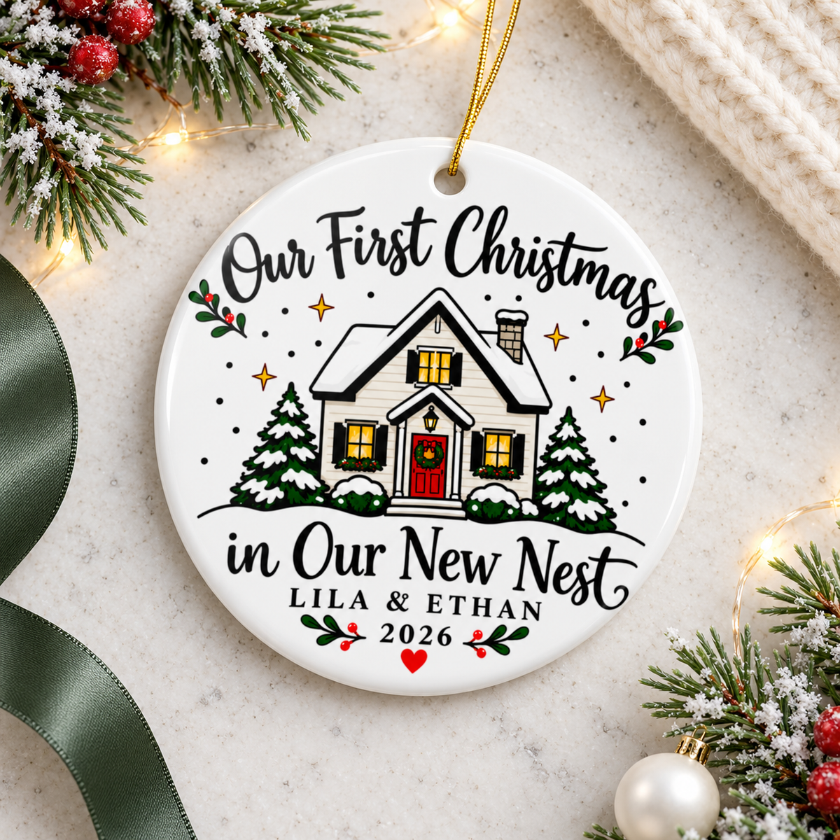Personalized First Home Christmas Ornament, Our New Nest House with Couple Names and Year, Housewarming Keepsake Gift for New Homeowners