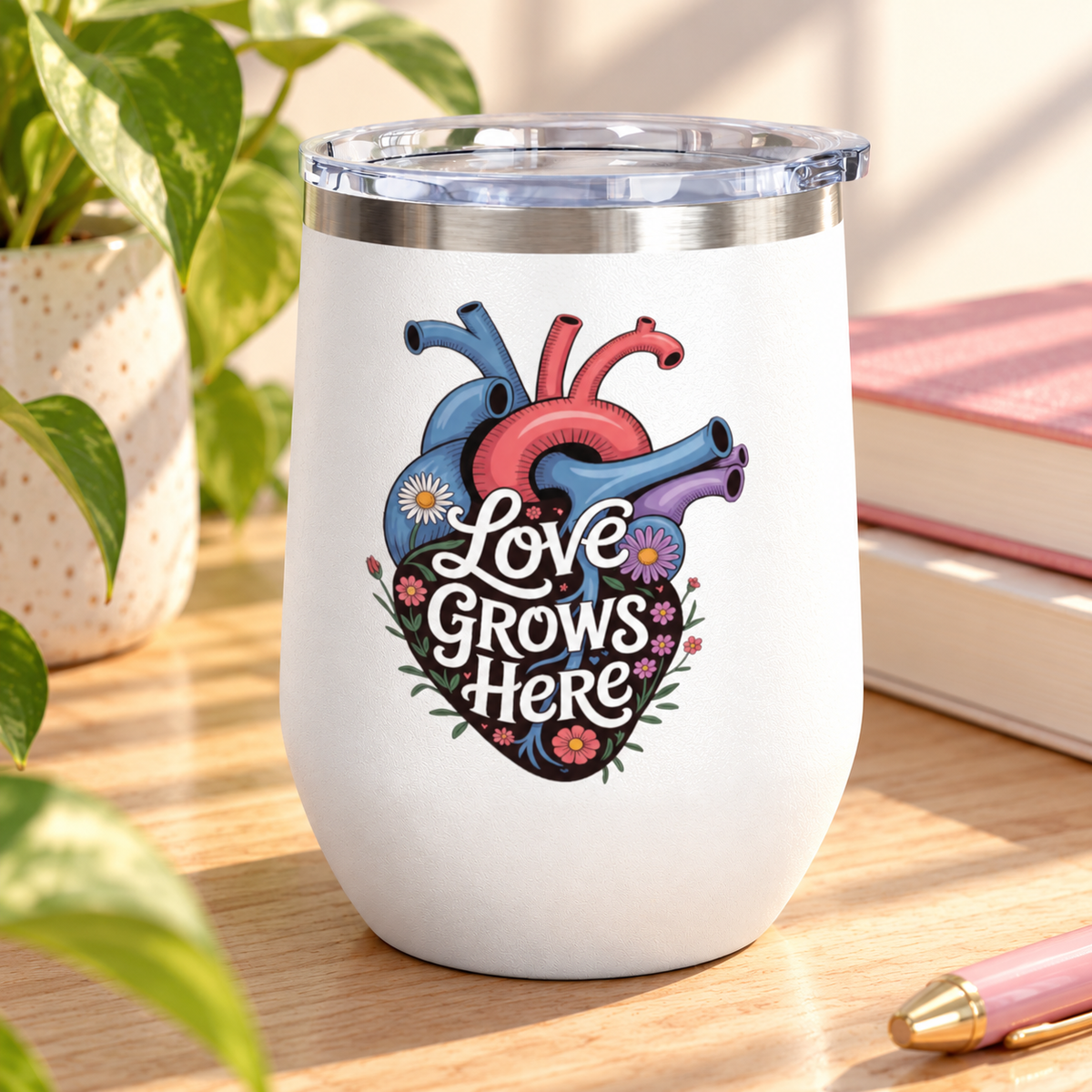 A white stainless steel stemless wine tumbler with a clear push-on lid, printed with "Love Grows Here" in white script on an anatomical heart in blue, red and purple, covered in daisies and small flowers.