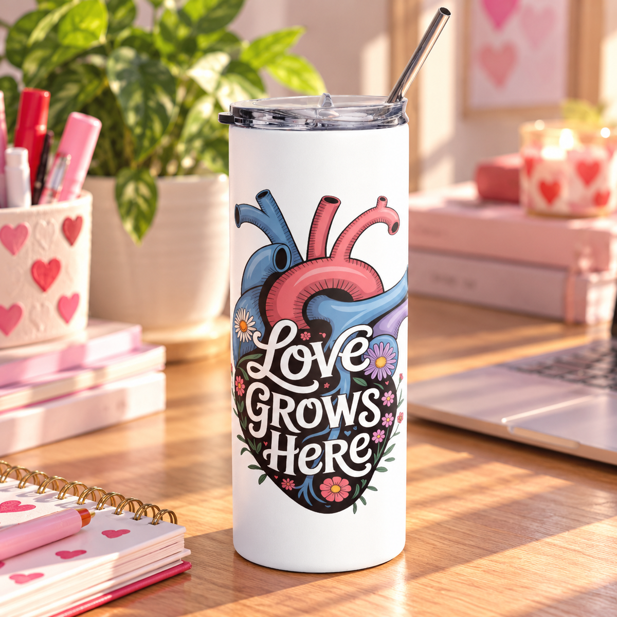 A white stainless steel skinny tumbler with a clear lid and metal straw, printed with "Love Grows Here" in white script on an anatomical heart in blue, red and purple, covered in daisies and small flowers.
