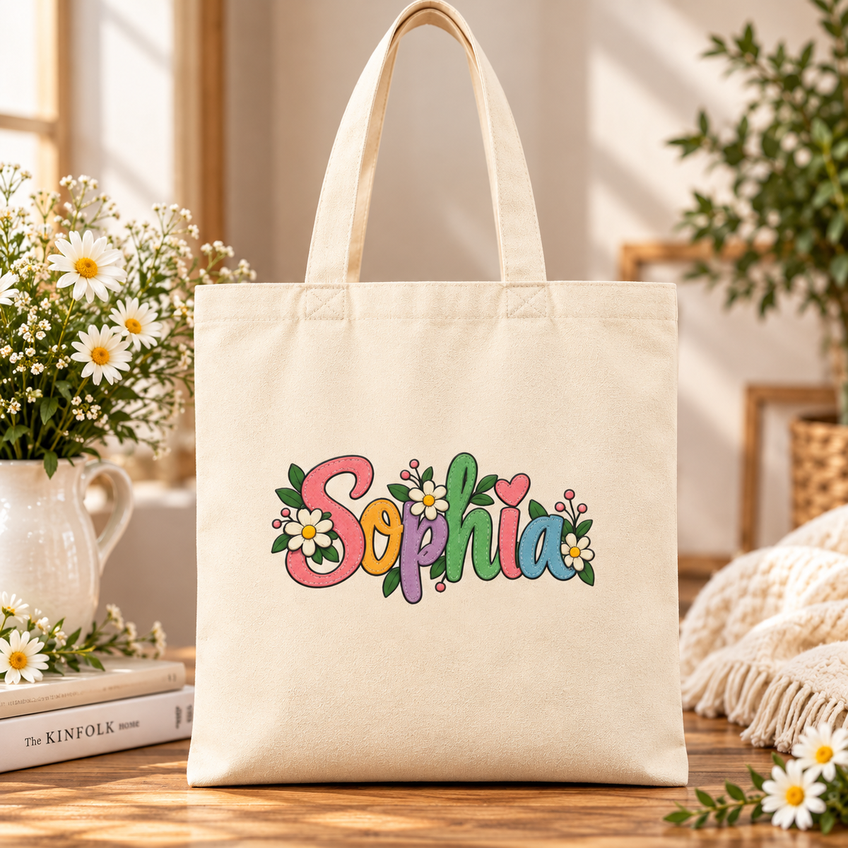 A natural cotton canvas tote bag with canvas handles, printed with a sample name in pink, orange, purple, green and blue bubble letters with white daisies, leaves and a pink heart, standing against a white wall beside a basket and a pink blanket.