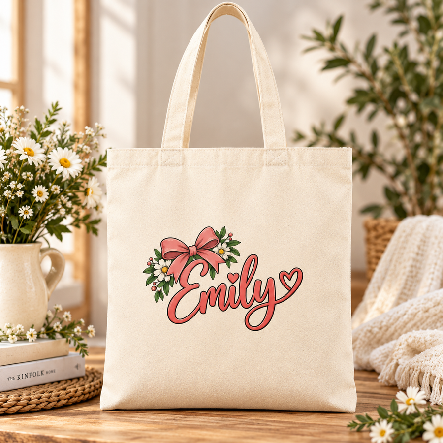 A natural cotton canvas tote bag with canvas handles, printed with a sample name in coral script with heart accents under a pink bow and white daisies, beside a jug of daisies and books.