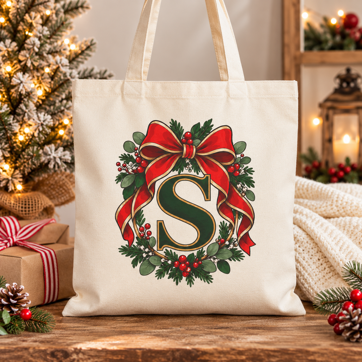 A natural cotton canvas tote bag with canvas handles, printed with a sample initial in dark green with a gold outline inside an evergreen wreath with red berries and a large red ribbon bow, in front of a frosted Christmas tree and presents.